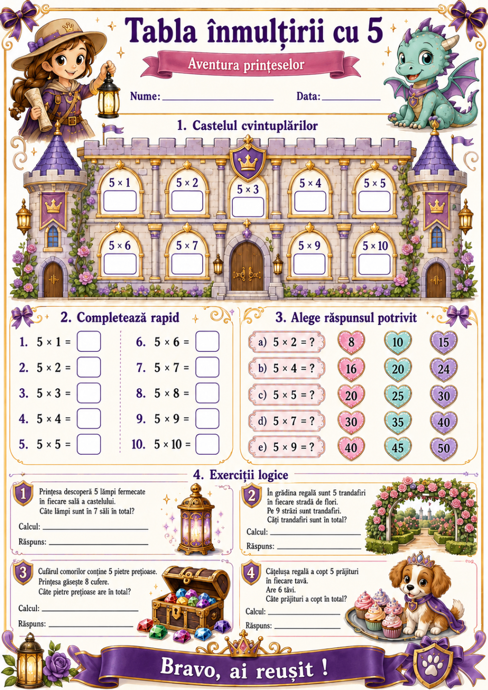Tabla înmulțirii cu 5 — Castelul Prințeselor