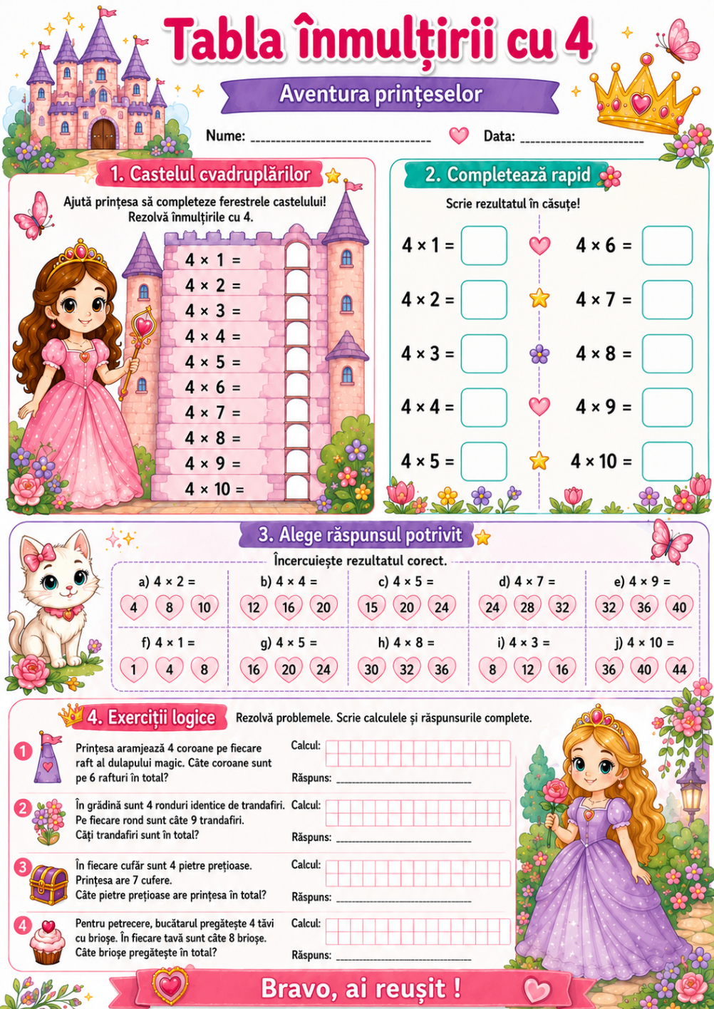Tabla înmulțirii cu 4 — Castelul Prințeselor