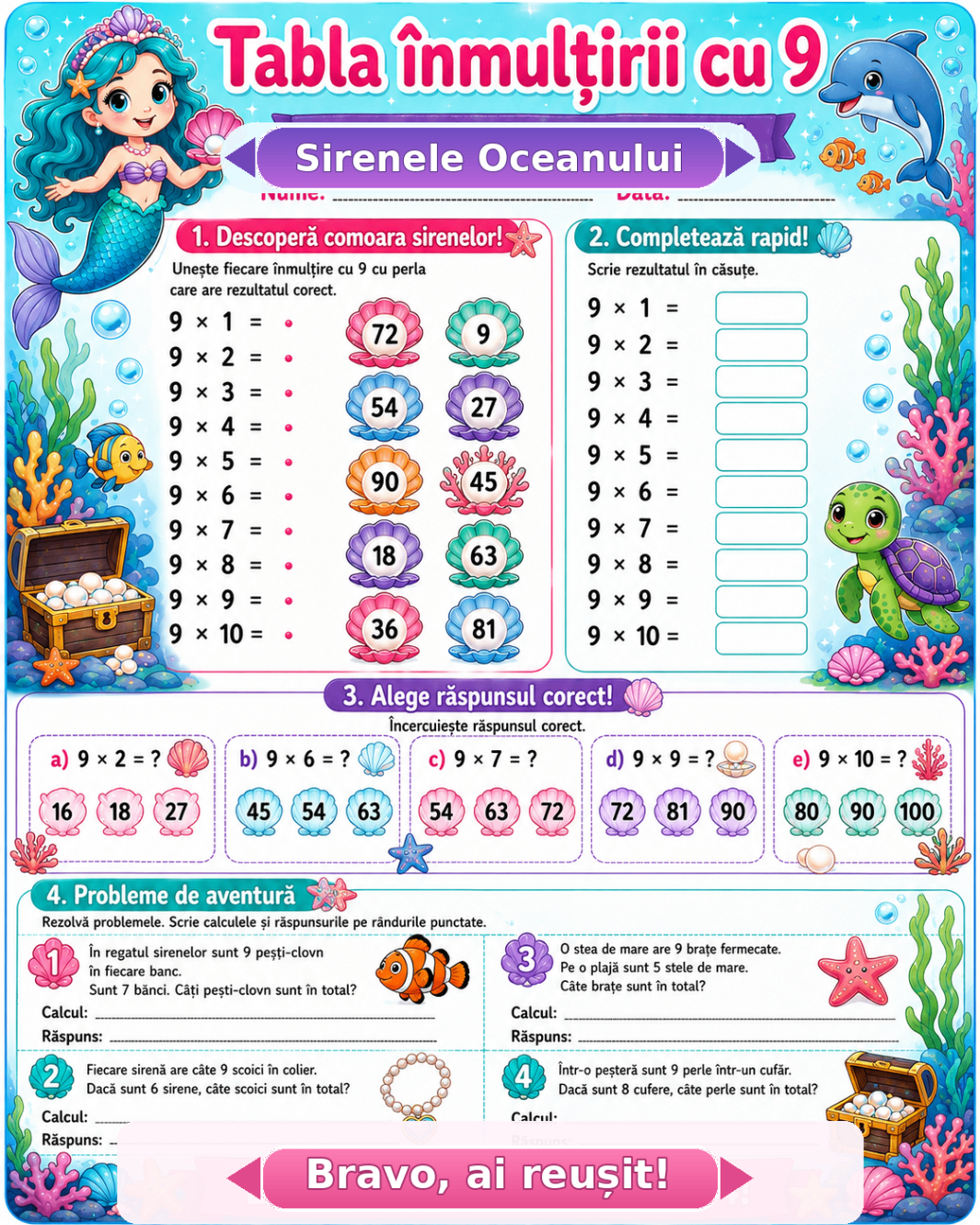 Tabla înmulțirii cu 9 — Regatul Oceanului
