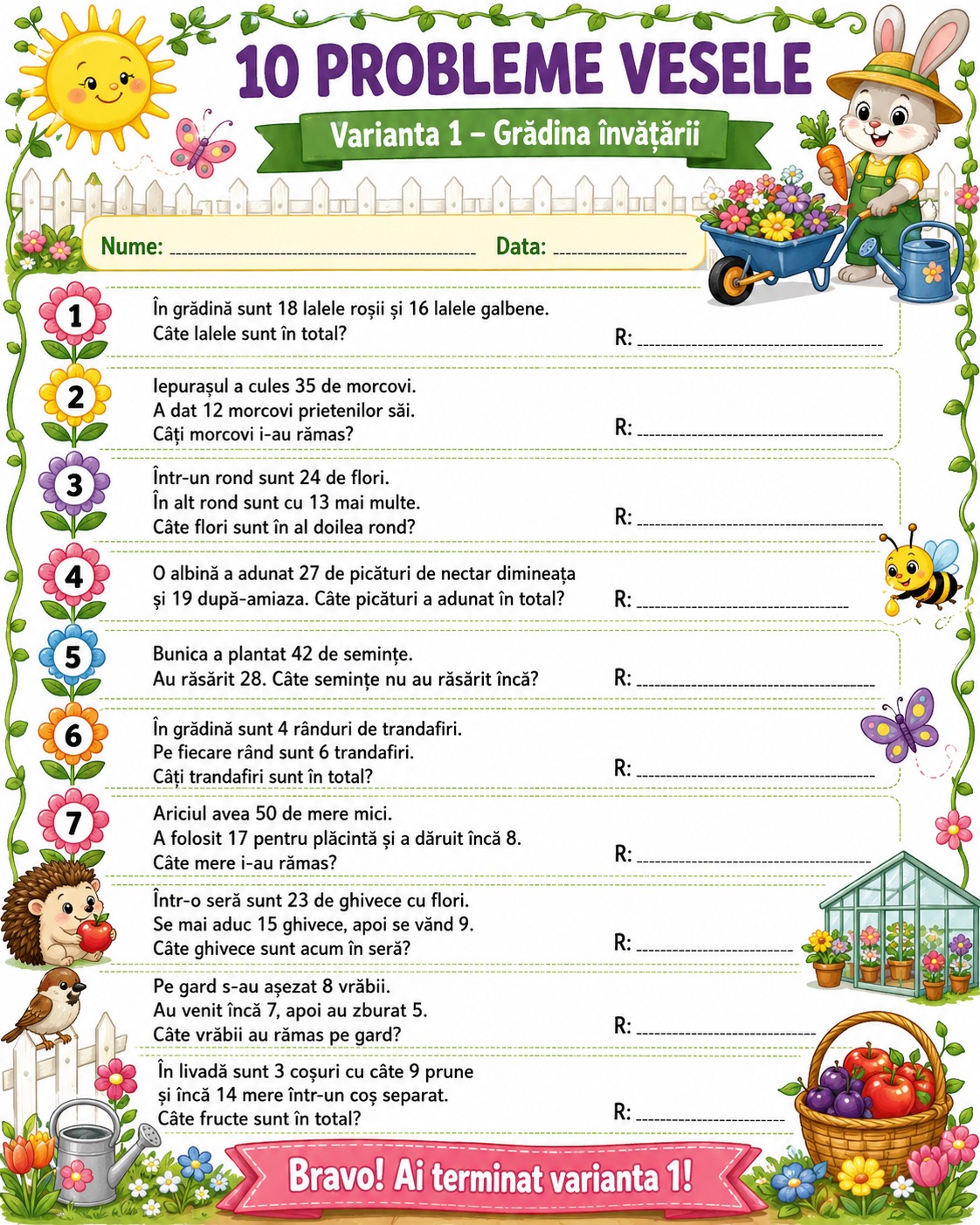 10 probleme vesele — Varianta 1 — Grădina învățării